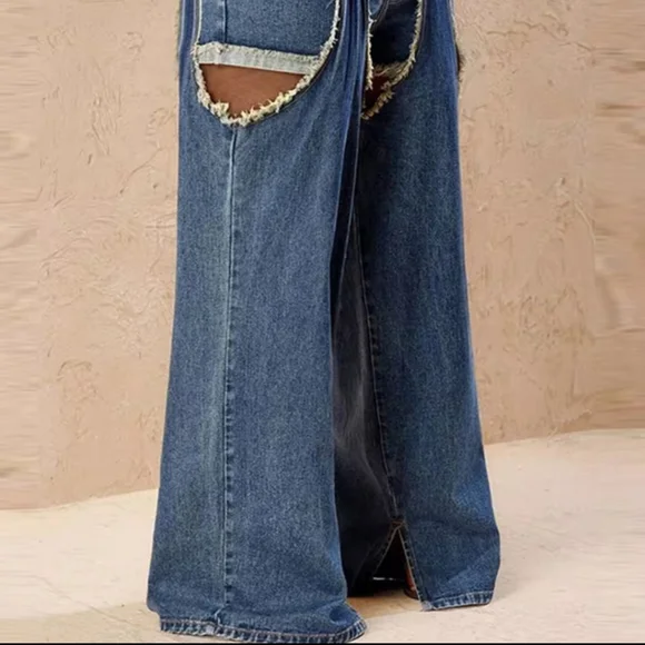 Sexy Hole Fringe Patchwork Jeans Casual Hollow OutLoose Empire Waist Wide Leg D
